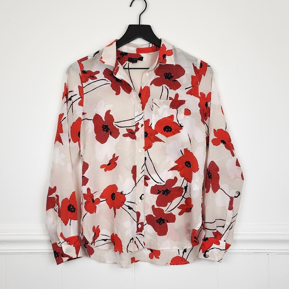 J. Crew Classic Fit Silk Button Front Floral Poppy Blouse Career Office Size 2